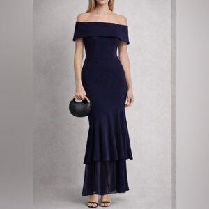 AQUA Navy Off-Shoulder Maxi Dress